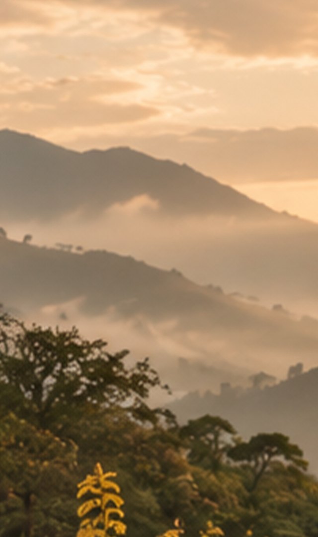 Amanecer entre niebla sobre las montañas de Chiapas