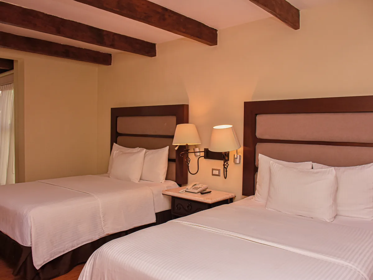 Ver: Junior Suite en configuración de dos camas, bajo vigas de madera